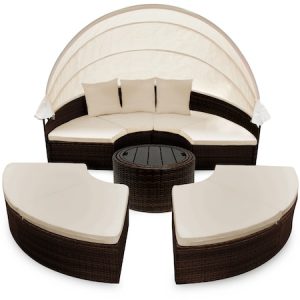 Set Mobilier Exclusivist, Canapea, Masa telescopica din WPC si 2 Tabureti, Ø 185 cm, Ego Rotund, Insula Soarelui Brown