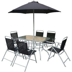 Set mobilier gradina/terasa Kring Donso, masa, 6 scaun pliabile, umbrela, culoare antracit